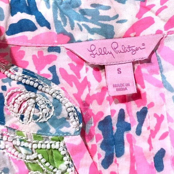 Lilly Pulitzer Let's Cha Cha Sarasota Tunic Blouse Top Beaded Pink Blue Sz Small - Picture 4 of 5
